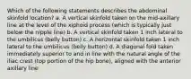 Which of the following statements describes the abdominal skinfold location? a. A vertical skinfold taken on the mid-axillary line at the level of the xiphoid process (which is typically just below the nipple line) b. A vertical skinfold taken 1 inch lateral to the umbilicus (belly button) c. A horizontal skinfold taken 1 inch lateral to the umbilicus (belly button) d. A diagonal fold taken immediately superior to and in line with the natural angle of the iliac crest (top portion of the hip bone), aligned with the anterior axillary line