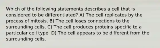 Which of the following statements describes a cell that is considered to be differentiated? A) The cell replicates by the process of mitosis. B) The cell loses connections to the surrounding cells. C) The cell produces proteins specific to a particular cell type. D) The cell appears to be different from the surrounding cells.