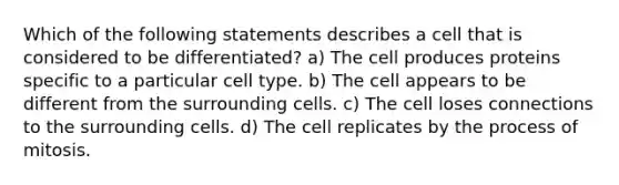 Which of the following statements describes a cell that is considered to be differentiated? a) The cell produces proteins specific to a particular cell type. b) The cell appears to be different from the surrounding cells. c) The cell loses connections to the surrounding cells. d) The cell replicates by the process of mitosis.