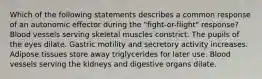 Which of the following statements describes a common response of an autonomic effector during the "fight-or-flight" response? Blood vessels serving skeletal muscles constrict. The pupils of the eyes dilate. Gastric motility and secretory activity increases. Adipose tissues store away triglycerides for later use. Blood vessels serving the kidneys and digestive organs dilate.