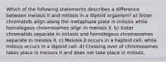 Which of the following statements describes a difference between meiosis II and mitosis in a diploid organism? a) Sister chromatids align along the metaphase plate in mitosis while homologous chromosomes align in meiosis II. b) Sister chromatids separate in mitosis and homologous chromosomes separate in meiosis II. c) Meiosis II occurs in a haploid cell, while mitosis occurs in a diploid cell. d) Crossing over of chromosomes takes place in meiosis II and does not take place in mitosis.