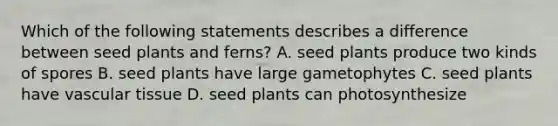 Which of the following statements describes a difference between seed plants and ferns? A. seed plants produce two kinds of spores B. seed plants have large gametophytes C. seed plants have <a href='https://www.questionai.com/knowledge/k1HVFq17mo-vascular-tissue' class='anchor-knowledge'>vascular tissue</a> D. seed plants can photosynthesize