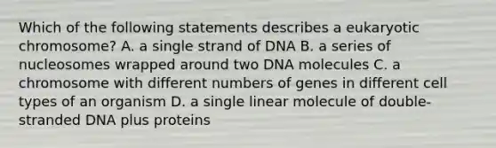 Which of the following statements describes a eukaryotic chromosome? A. a single strand of DNA B. a series of nucleosomes wrapped around two DNA molecules C. a chromosome with different numbers of genes in different cell types of an organism D. a single linear molecule of double-stranded DNA plus proteins