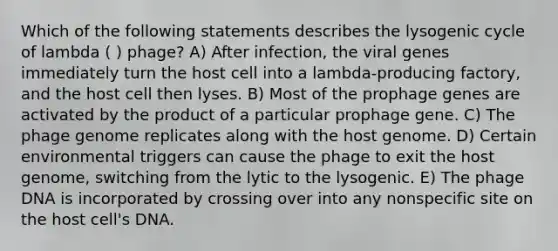 Which of the following statements describes the lysogenic cycle of lambda ( ) phage? A) After infection, the viral genes immediately turn the host cell into a lambda-producing factory, and the host cell then lyses. B) Most of the prophage genes are activated by the product of a particular prophage gene. C) The phage genome replicates along with the host genome. D) Certain environmental triggers can cause the phage to exit the host genome, switching from the lytic to the lysogenic. E) The phage DNA is incorporated by crossing over into any nonspecific site on the host cell's DNA.