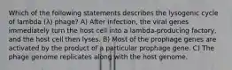 Which of the following statements describes the lysogenic cycle of lambda (λ) phage? A) After infection, the viral genes immediately turn the host cell into a lambda-producing factory, and the host cell then lyses. B) Most of the prophage genes are activated by the product of a particular prophage gene. C) The phage genome replicates along with the host genome.