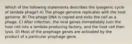 Which of the following statements describes the lysogenic cycle of lambda phage? A) The phage genome replicates with the host genome. B) The phage DNA is copied and exits the cell as a phage. C) After infection, the viral genes immediately turn the host cell into a lambda-producing factory, and the host cell then lysis. D) Most of the prophage genes are activated by the product of a particular prophage gene.