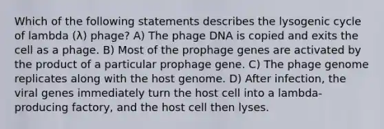 Which of the following statements describes the lysogenic cycle of lambda (λ) phage? A) The phage DNA is copied and exits the cell as a phage. B) Most of the prophage genes are activated by the product of a particular prophage gene. C) The phage genome replicates along with the host genome. D) After infection, the viral genes immediately turn the host cell into a lambda-producing factory, and the host cell then lyses.