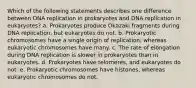 Which of the following statements describes one difference between DNA replication in prokaryotes and DNA replication in eukaryotes? a. Prokaryotes produce Okazaki fragments during DNA replication, but eukaryotes do not. b. Prokaryotic chromosomes have a single origin of replication, whereas eukaryotic chromosomes have many. c. The rate of elongation during DNA replication is slower in prokaryotes than in eukaryotes. d. Prokaryotes have telomeres, and eukaryotes do not. e. Prokaryotic chromosomes have histones, whereas eukaryotic chromosomes do not.