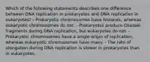 Which of the following statements describes one difference between DNA replication in prokaryotes and DNA replication in eukaryotes? - Prokaryotic chromosomes have histones, whereas eukaryotic chromosomes do not. - Prokaryotes produce Okazaki fragments during DNA replication, but eukaryotes do not. - Prokaryotic chromosomes have a single origin of replication, whereas eukaryotic chromosomes have many. - The rate of elongation during DNA replication is slower in prokaryotes than in eukaryotes.