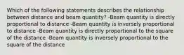 Which of the following statements describes the relationship between distance and beam quantity? -Beam quantity is directly proportional to distance -Beam quantity is inversely proportional to distance -Beam quantity is directly proportional to the square of the distance -Beam quantity is inversely proportional to the square of the distance