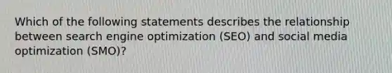 Which of the following statements describes the relationship between search engine optimization (SEO) and social media optimization (SMO)?