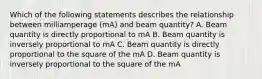 Which of the following statements describes the relationship between milliamperage (mA) and beam quantity? A. Beam quantity is directly proportional to mA B. Beam quantity is inversely proportional to mA C. Beam quantity is directly proportional to the square of the mA D. Beam quantity is inversely proportional to the square of the mA