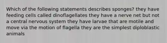 Which of the following statements describes sponges? they have feeding cells called dinoflagellates they have a nerve net but not a central nervous system they have larvae that are motile and move via the motion of flagella they are the simplest diploblastic animals