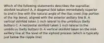 Which of the following statements describes the suprailiac skinfold location? A. A diagonal fold taken immediately superior to and in line with the natural angle of the iliac crest (top portion of the hip bone), aligned with the anterior axillary line B. A vertical skinfold taken 1 inch lateral to the umbilicus (belly button) C. A horizontal skinfold taken 1 inch lateral to the umbilicus (belly button) D. A vertical skinfold taken on the mid-axillary line at the level of the xiphoid process (which is typically just below the nipple line)