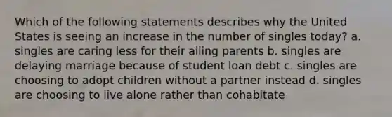 Which of the following statements describes why the United States is seeing an increase in the number of singles today? a. singles are caring less for their ailing parents b. singles are delaying marriage because of student loan debt c. singles are choosing to adopt children without a partner instead d. singles are choosing to live alone rather than cohabitate