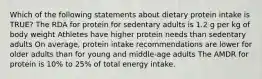 Which of the following statements about dietary protein intake is TRUE? The RDA for protein for sedentary adults is 1.2 g per kg of body weight Athletes have higher protein needs than sedentary adults On average, protein intake recommendations are lower for older adults than for young and middle-age adults The AMDR for protein is 10% to 25% of total energy intake.