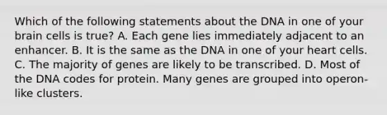 Which of the following statements about the DNA in one of your brain cells is true? A. Each gene lies immediately adjacent to an enhancer. B. It is the same as the DNA in one of your heart cells. C. The majority of genes are likely to be transcribed. D. Most of the DNA codes for protein. Many genes are grouped into operon-like clusters.