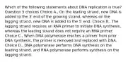 Which of the following statements about DNA replication is true? Question 5 choices Choice A., On the leading strand, new DNA is added to the 3′ end of the growing strand, whereas on the lagging strand, new DNA is added to the 5′ end. Choice B., The lagging strand requires an RNA primer to initiate DNA synthesis, whereas the leading strand does not require an RNA primer. Choice C., When DNA polymerase reaches a primer from prior DNA synthesis, the primer is removed and replaced with DNA. Choice D., DNA polymerase performs DNA synthesis on the leading strand, and RNA polymerase performs synthesis on the lagging strand.