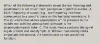 Which of the following statements about the ear (hearing and equilibrium) is not true? (hint: perception of pitch in outline) A. Each frequency of sound (e.g., low frequency) we hear corresponds to a specific place on the tectorial membrane. B. The structure that allows equalization of the pressure in the middle ear with the atmospheric pressure is the pharyngotympanic tube. C. The scala media contains the spiral organ of Corti and endolymph. D. Without functioning crista ampullaris (receptors), the semicircular canals would not function.