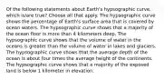 Of the following statements about Earth's hypsographic curve, which is/are true? Choose all that apply. The hypsographic curve shows the percentage of Earth's surface area that is covered by ocean waters. The hypsographic curve shows that a majority of the ocean floor is more than 4 kilometers deep. The hypsographic curve shows that the volume of water in the oceans is greater than the volume of water in lakes and glaciers. The hypsographic curve shows that the average depth of the ocean is about four times the average height of the continents. The hypsographic curve shows that a majority of the exposed land is below 1 kilometer in elevation.