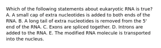 Which of the following statements about eukaryotic RNA is true? A. A small cap of extra nucleotides is added to both ends of the RNA. B. A long tail of extra nucleotides is removed from the 5' end of the RNA. C. Exons are spliced together. D. Introns are added to the RNA. E. The modified RNA molecule is transported into the nucleus.