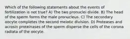 Which of the following statements about the events of fertilization is not true? A) The two pronuclei divide. B) The head of the sperm forms the male pronucleus. C) The secondary oocyte completes the second meiotic division. D) Proteases and acrosin proteinases of the sperm disperse the cells of the corona radiata of the oocyte.