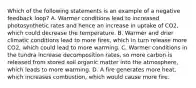 Which of the following statements is an example of a negative feedback loop? A. Warmer conditions lead to increased photosynthetic rates and hence an increase in uptake of CO2, which could decrease the temperature. B. Warmer and drier climatic conditions lead to more fires, which in turn release more CO2, which could lead to more warming. C. Warmer conditions in the tundra increase decomposition rates, so more carbon is released from stored soil organic matter into the atmosphere, which leads to more warming. D. A fire generates more heat, which increases combustion, which would cause more fire.