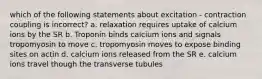 which of the following statements about excitation - contraction coupling is incorrect? a. relaxation requires uptake of calcium ions by the SR b. Troponin binds calcium ions and signals tropomyosin to move c. tropomyosin moves to expose binding sites on actin d. calcium ions released from the SR e. calcium ions travel though the transverse tubules