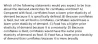 Which of the following statements would you expect to be true about the demand elasticities for cornflakes and food? A) Compared with food, cornflakes have a lower price elasticity of demand because it is specifically defined. B) Because cornflakes is food, but not all food is cornflakes, cornflakes would have a lower price elasticity of demand. C) Food has a higher price elasticity of demand because it is a necessity. D) Because cornflakes is food, cornflakes would have the same price elasticity of demand as food. E) Food has a lower price elasticity of demand than cornflakes because it is more broadly