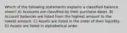 Which of the following statements explains a classified balance sheet? A) Accounts are classified by their purchase dates. B) Account balances are listed from the highest amount to the lowest amount. C) Assets are listed in the order of their liquidity. D) Assets are listed in alphabetical order.