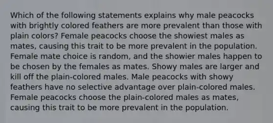 Which of the following statements explains why male peacocks with brightly colored feathers are more prevalent than those with plain colors? Female peacocks choose the showiest males as mates, causing this trait to be more prevalent in the population. Female mate choice is random, and the showier males happen to be chosen by the females as mates. Showy males are larger and kill off the plain-colored males. Male peacocks with showy feathers have no selective advantage over plain-colored males. Female peacocks choose the plain-colored males as mates, causing this trait to be more prevalent in the population.