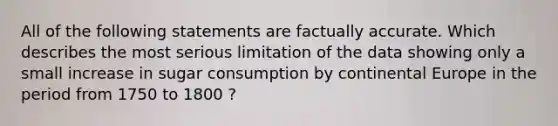 All of the following statements are factually accurate. Which describes the most serious limitation of the data showing only a small increase in sugar consumption by continental Europe in the period from 1750 to 1800 ?