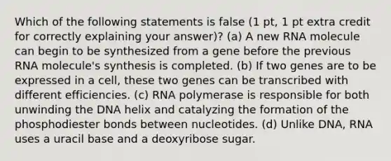 Which of the following statements is false (1 pt, 1 pt extra credit for correctly explaining your answer)? (a) A new RNA molecule can begin to be synthesized from a gene before the previous RNA molecule's synthesis is completed. (b) If two genes are to be expressed in a cell, these two genes can be transcribed with different efficiencies. (c) RNA polymerase is responsible for both unwinding the DNA helix and catalyzing the formation of the phosphodiester bonds between nucleotides. (d) Unlike DNA, RNA uses a uracil base and a deoxyribose sugar.