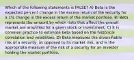 Which of the following statements is FALSE? A) Beta is the expected percent change in the excess return of the security for a 1% change in the excess return of the market portfolio. B) Beta represents the amount by which risks that affect the overall market are amplified for a given stock or investment. C) It is common practice to estimate beta based on the historical correlation and volatilities. D) Beta measures the diversifiable risk of a security, as opposed to its market risk, and is the appropriate measure of the risk of a security for an investor holding the market portfolio.