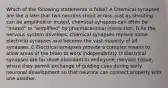 Which of the following statements is false? A Chemical synapses are like a lake that two neurons shout across. Just as shouting can be amplified or muted, chemical synapses can often be "muted" or "amplified" by pharmaceutical interaction. B As the nervous system develops, chemical synapses replace some electrical synapses and become the vast majority of all synapses. C Electrical synapses provide a complex means to allow areas of the brain to work independently. D Electrical synapses are far more abundant in embryonic nervous tissue, where they permit exchange of guiding cues during early neuronal development so that neurons can connect properly with one another.