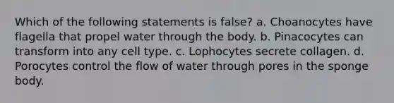 Which of the following statements is false? a. Choanocytes have flagella that propel water through the body. b. Pinacocytes can transform into any cell type. c. Lophocytes secrete collagen. d. Porocytes control the flow of water through pores in the sponge body.