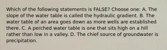 Which of the following statements is FALSE? Choose one: A. The slope of <a href='https://www.questionai.com/knowledge/kra6qgcwqy-the-water-table' class='anchor-knowledge'>the water table</a> is called the hydraulic gradient. B. The water table of an area goes down as more wells are established there. C. A perched water table is one that sits high on a hill rather than low in a valley. D. The chief source of groundwater is precipitation.