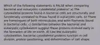 Which of the following statements is FALSE when comparing bacterial and eukaryotic cytoskeletal proteins? a) The cytoskeletal proteins found in bacterial cells are structurally and functionally unrelated to those found in eukaryotic cells. b) There are homologues of both microtubules and actin filaments found in bacterial cells. c) Similarities between the bacterial and eukaryotic cytoskeleton suggest these proteins evolved early in the formation of life on earth. d) Like the eukaryotic cytoskeleton, bacterial cytoskeletal proteins function in cell division, protein positioning, and determination of cell shape.