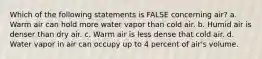 Which of the following statements is FALSE concerning air? a. Warm air can hold more water vapor than cold air. b. Humid air is denser than dry air. c. Warm air is less dense that cold air. d. Water vapor in air can occupy up to 4 percent of air's volume.