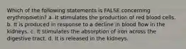 Which of the following statements is FALSE concerning erythropoietin? a. It stimulates the production of red blood cells. b. It is produced in response to a decline in blood flow in the kidneys. c. It stimulates the absorption of iron across the digestive tract. d. It is released in the kidneys.