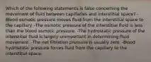 Which of the following statements is false concerning the movement of fluid between capillaries and interstitial space? -Blood osmotic pressure moves fluid from the interstitial space to the capillary. -The osmotic pressure of the interstitial fluid is less than the blood osmotic pressure. -The hydrostatic pressure of the interstitial fluid is largely unimportant in determining fluid movement. -The net filtration pressure is usually zero. -Blood hydrostatic pressure forces fluid from the capillary to the interstitial space.