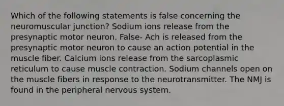 Which of the following statements is false concerning the neuromuscular junction? Sodium ions release from the presynaptic motor neuron. False- Ach is released from the presynaptic motor neuron to cause an action potential in the muscle fiber. Calcium ions release from the sarcoplasmic reticulum to cause muscle contraction. Sodium channels open on the muscle fibers in response to the neurotransmitter. The NMJ is found in the peripheral nervous system.