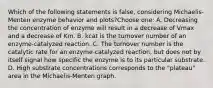 Which of the following statements is false, considering Michaelis-Menten enzyme behavior and plots?Choose one: A. Decreasing the concentration of enzyme will result in a decrease of Vmax and a decrease of Km. B. kcat is the turnover number of an enzyme-catalyzed reaction. C. The turnover number is the catalytic rate for an enzyme-catalyzed reaction, but does not by itself signal how specific the enzyme is to its particular substrate. D. High substrate concentrations corresponds to the "plateau" area in the Michaelis-Menten graph.