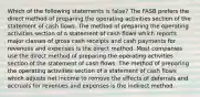 Which of the following statements is false? The FASB prefers the direct method of preparing the operating activities section of the statement of cash flows. The method of preparing the operating activities section of a statement of cash flows which reports major classes of gross cash receipts and cash payments for revenues and expenses is the direct method. Most companies use the direct method of preparing the operating activities section of the statement of cash flows. The method of preparing the operating activities section of a statement of cash flows which adjusts net income to remove the effects of deferrals and accruals for revenues and expenses is the indirect method.