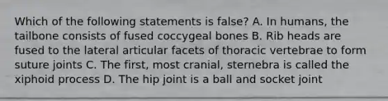 Which of the following statements is false? A. In humans, the tailbone consists of fused coccygeal bones B. Rib heads are fused to the lateral articular facets of thoracic vertebrae to form suture joints C. The first, most cranial, sternebra is called the xiphoid process D. The hip joint is a ball and socket joint