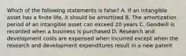 Which of the following statements is false? A. If an intangible asset has a finite life, it should be amortized B. The amortization period of an intangible asset can exceed 20 years C. Goodwill is recorded when a business is purchased D. Research and development costs are expensed when incurred except when the research and development expenditures result in a new patent