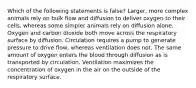 Which of the following statements is false? Larger, more complex animals rely on bulk flow and diffusion to deliver oxygen to their cells, whereas some simpler animals rely on diffusion alone. Oxygen and carbon dioxide both move across the respiratory surface by diffusion. Circulation requires a pump to generate pressure to drive flow, whereas ventilation does not. The same amount of oxygen enters the blood through diffusion as is transported by circulation. Ventilation maximizes the concentration of oxygen in the air on the outside of the respiratory surface.