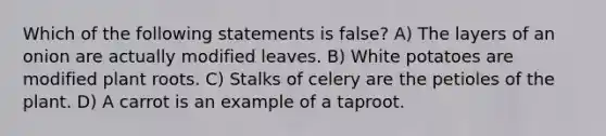 Which of the following statements is false? A) The layers of an onion are actually modified leaves. B) White potatoes are modified plant roots. C) Stalks of celery are the petioles of the plant. D) A carrot is an example of a taproot.