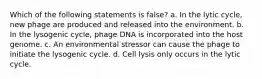 Which of the following statements is false? a. In the lytic cycle, new phage are produced and released into the environment. b. In the lysogenic cycle, phage DNA is incorporated into the host genome. c. An environmental stressor can cause the phage to initiate the lysogenic cycle. d. Cell lysis only occurs in the lytic cycle.