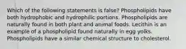 Which of the following statements is false? Phospholipids have both hydrophobic and hydrophilic portions. Phospholipids are naturally found in both plant and animal foods. Lecithin is an example of a phospholipid found naturally in egg yolks. Phospholipids have a similar chemical structure to cholesterol.